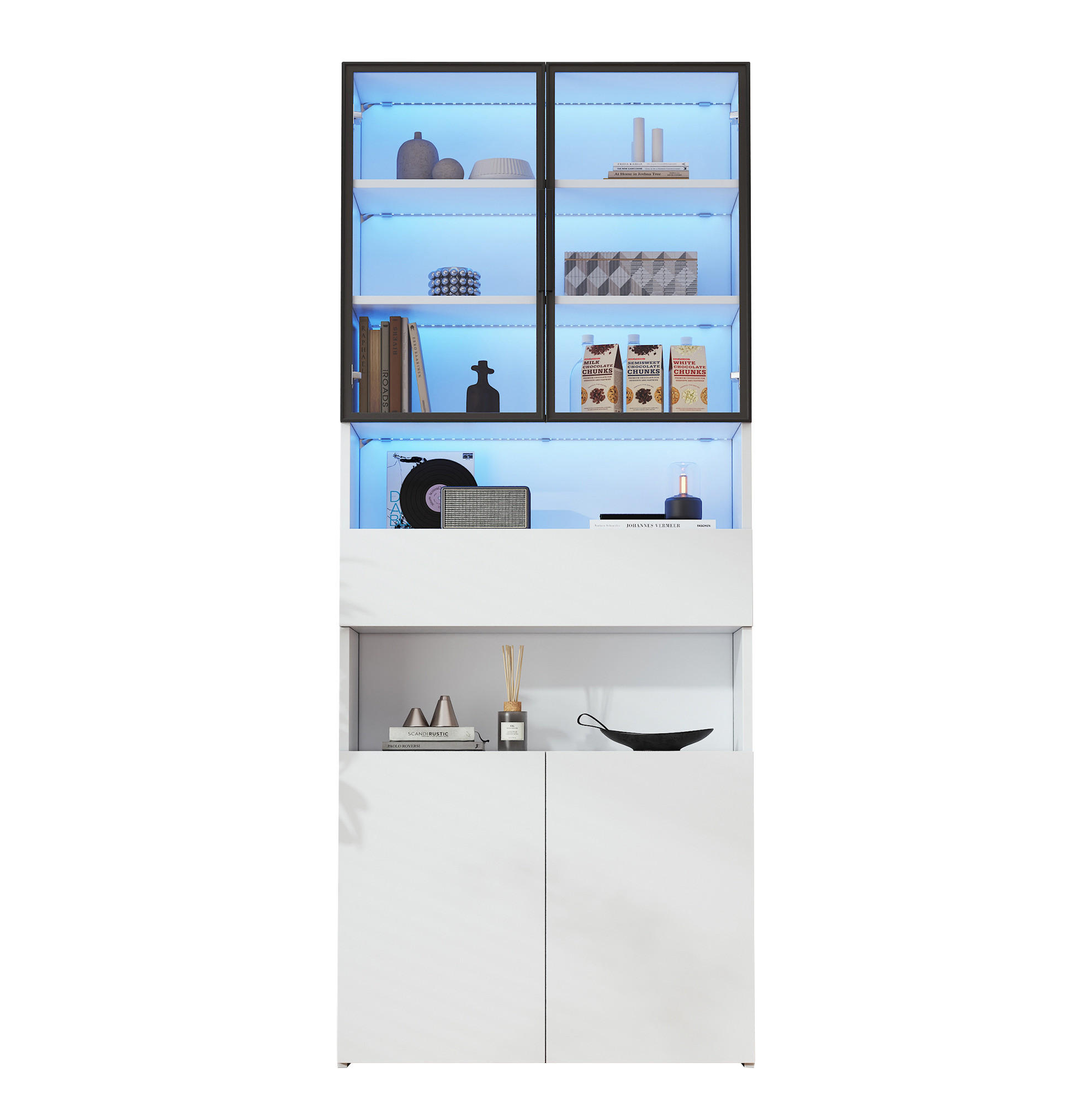 VITRINE 70/30/200 cm aus Spanplatte mit LED-Beleuchtung und Glastüren Weiß - Weiß, Holzwerkstoff (70/200/30cm) - Modenvie