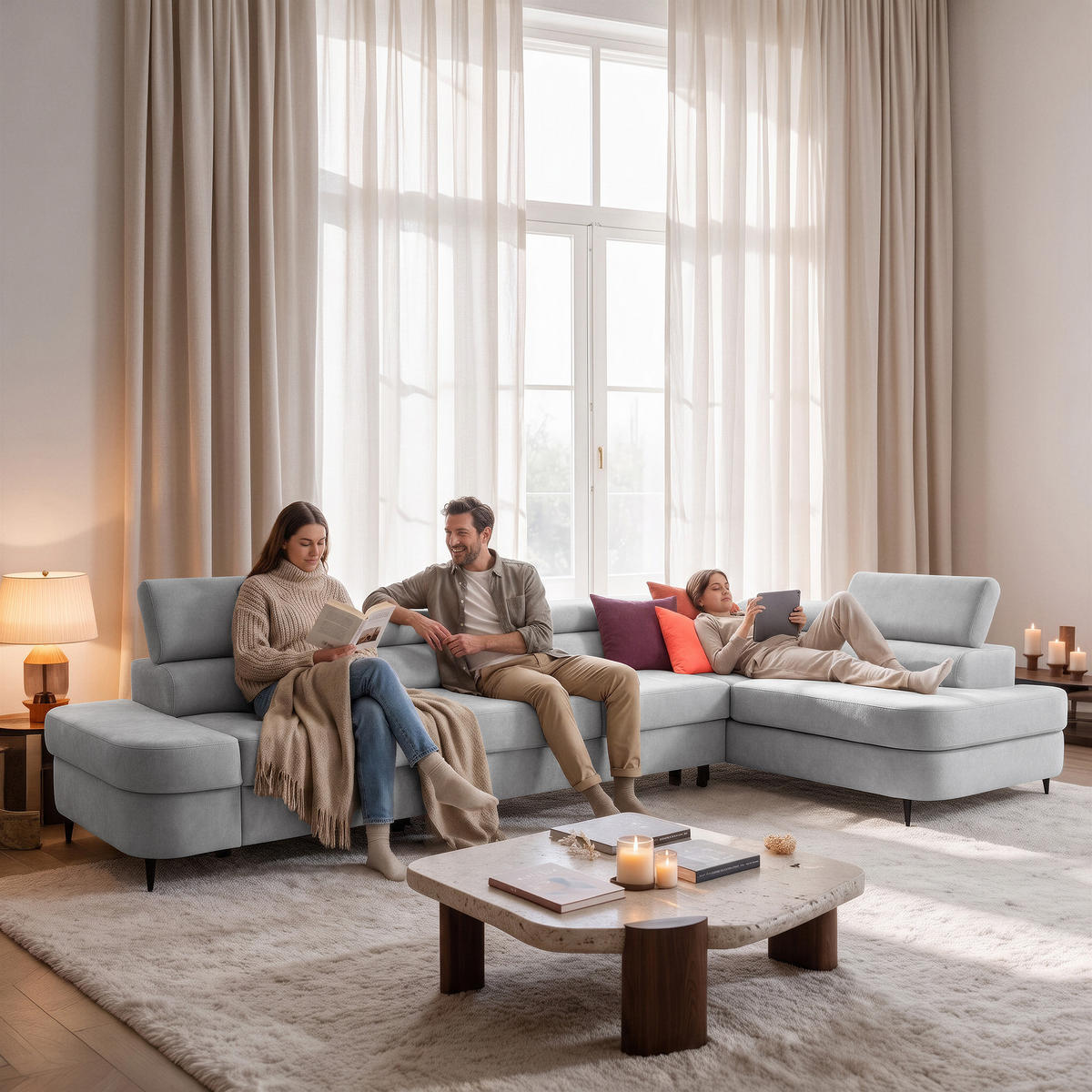 ECKSOFA PRIAM MAXI L-Form Rechts mit Schlaffunktion 125x195 Velours Hellgrau - Hellgrau/Schwarz, Holz/Textil (350/203cm) - Muffo
