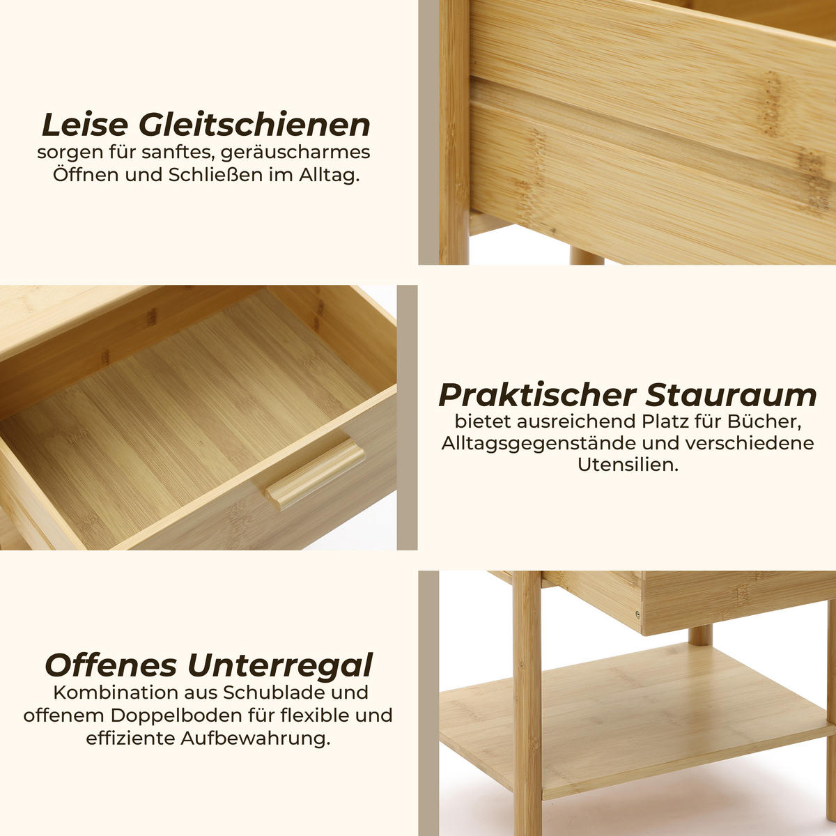 NACHTTISCH modern mit Schublade, Beistelltisch Bambus | B40 × T30 × H50 cm - Braun, Holzwerkstoff (40/50/30cm) - Hometopia