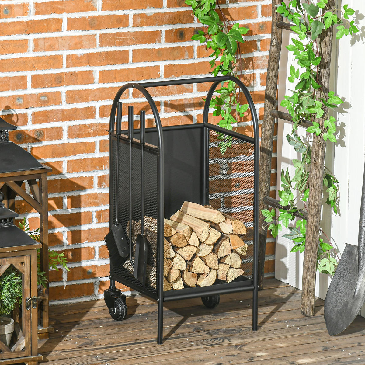 KAMINHOLZREGAL DE-18352 rollbar mit 3-teiligem Zubehör Schwarz - Schwarz, Metall (37.5/80/37.5cm) - ComfortXL