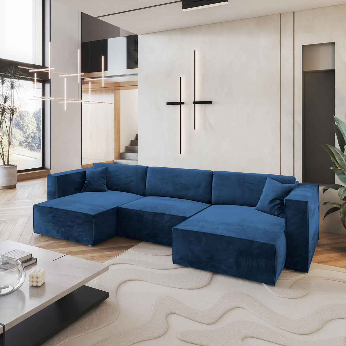 WOHNLANDSCHAFT SARMO M Blau Velours-Stoff mit Schlaffunktion - Blau, Holz (347/70/148cm) - MASSENO