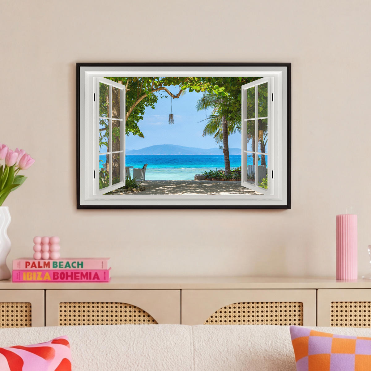 LEINWAND Bilder mit Rahmen - Aussicht - Baum - Meer - Palme - Hügel - Strand - Blau - 60x40 - Blau, Textil (60/40cm) - MuchoWow