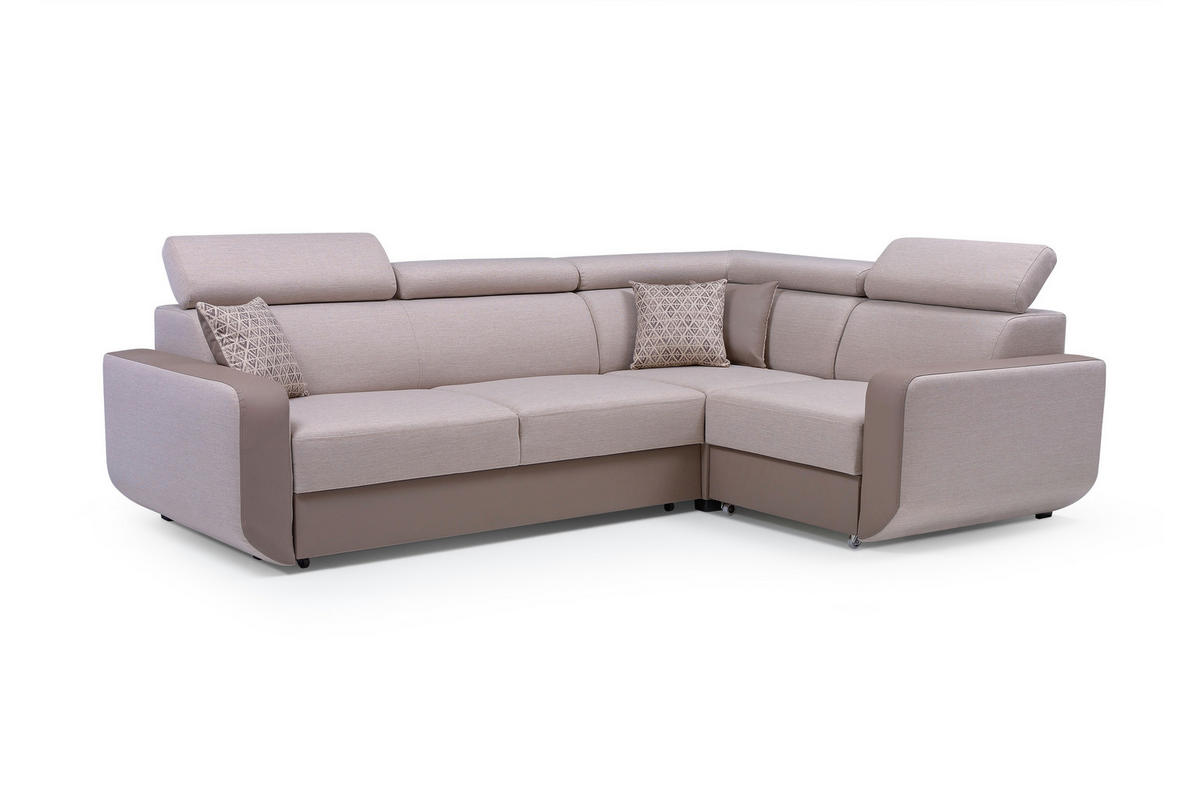 ECKSOFA MIRA Beige Geflochtener Stoff mit Schlaffunktion - Beige, Holz (263/184cm) - MASSENO