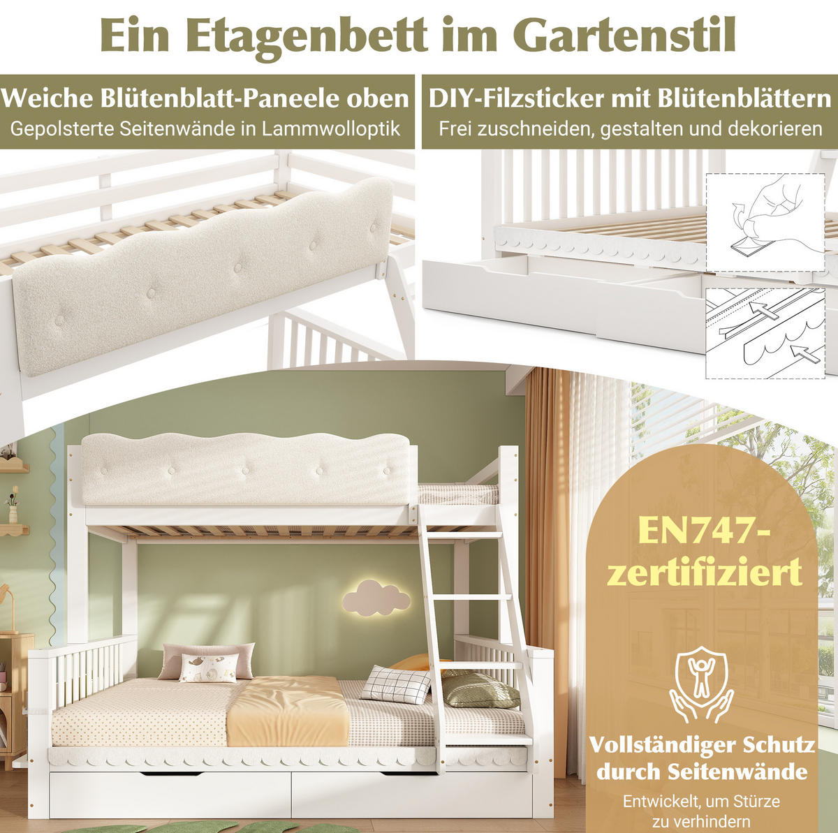 ETAGENBETT aus Kiefernholz 140x200 cm Weiß mit Schubladen, Zeitschriftenständer und Sicherheitsgeländer - Weiß, Holz (140/200cm) - Modfu