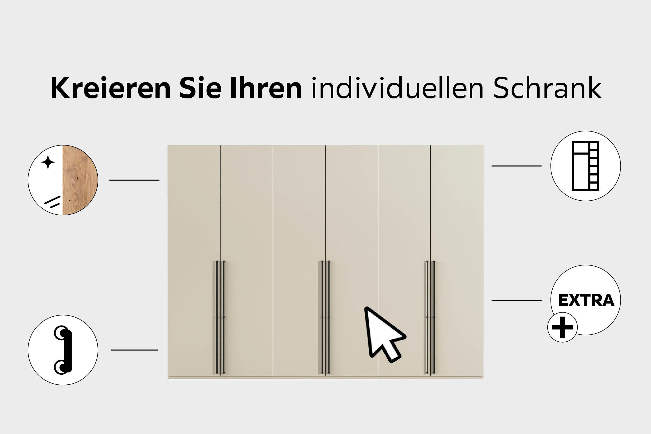 Grafik mit einem beige-farbenen Schrank mit vier Türen und schwarzen Griffen, umgeben von Symbolen für Spiegel, Regal, Griff und Extras, dazu der Text "Kreieren Sie Ihren individuellen Schrank"