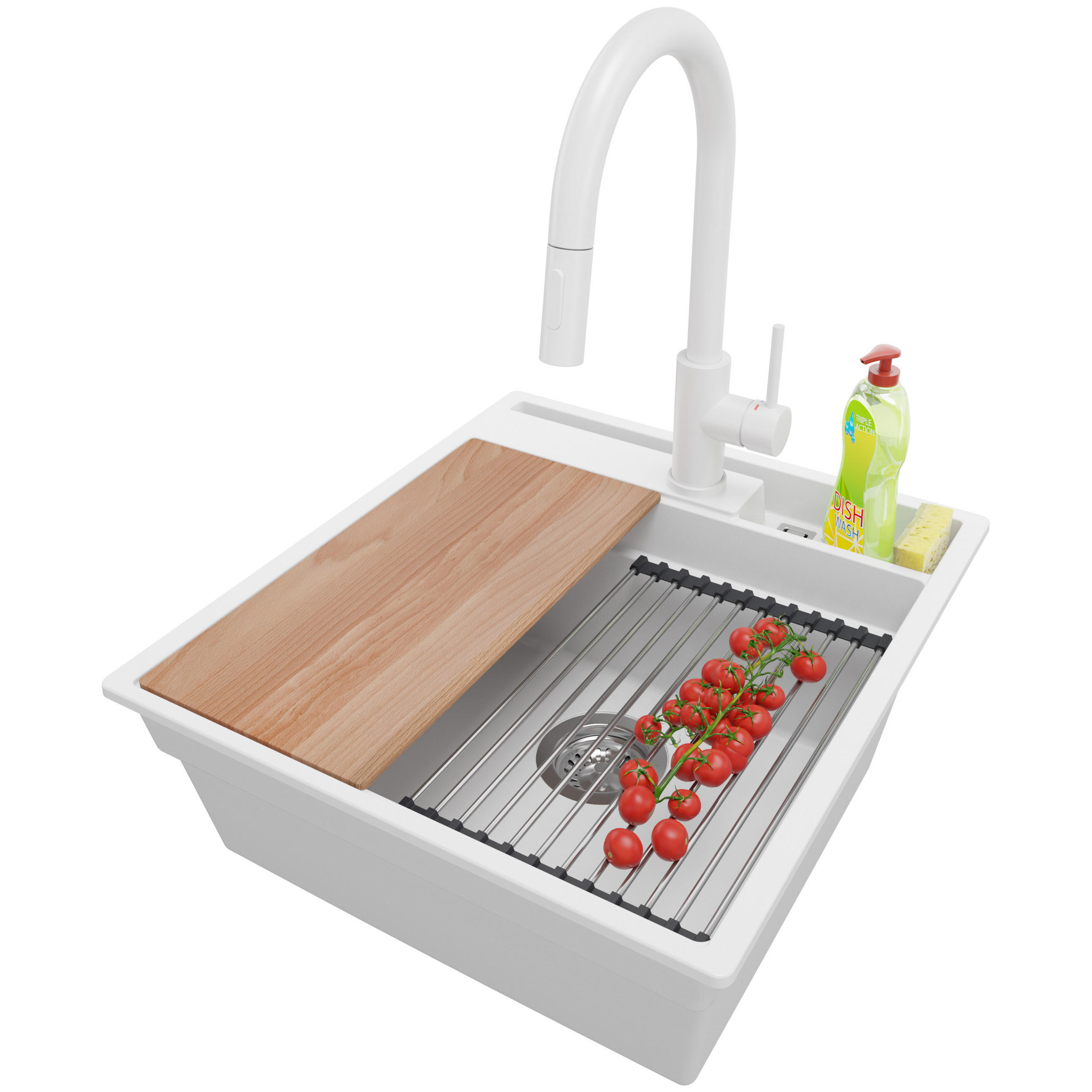 GRANITSPÜLE Oslo Pocket, 2-er set Weiß 48/53 cm 1 Becken + Küchenarmatur 40/20 cm + Ablauf-Set + Küchenzubehörset ab 50er Unterschrank - Chromfarben/Beige, Kunststoff (48/20/53cm) - Primagran