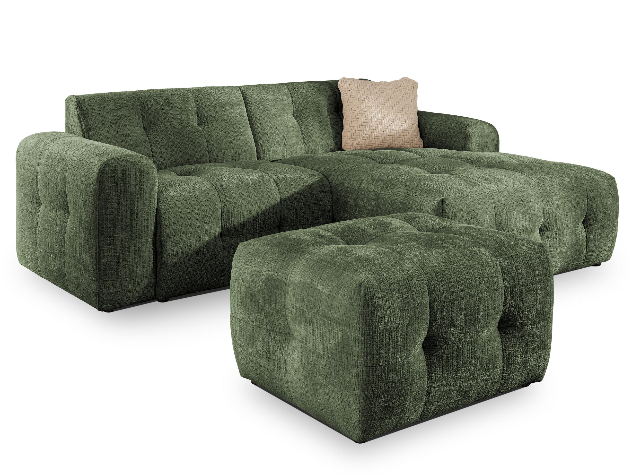 ECKSOFA inkl. Hocker Kozy im Bumpy-Design mit Schlaffunktion und fester Rückenlehne aus weichem Grün Chenille-Stoff - Ottomane rechts - Schwarz/Grün, Holz/Kunststoff (234/161cm) - S-Style Möbel