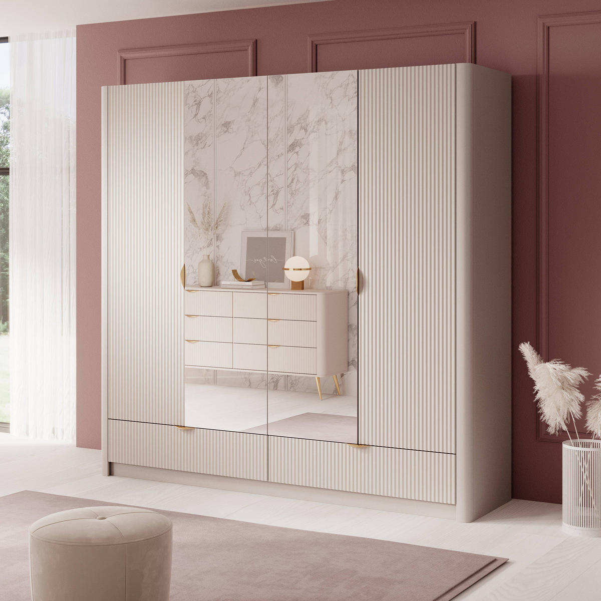 KLEIDERSCHRANK Flore 4-türig Beige / Gold - 213 cm - mit Spiegel - Beige/Gelb, Holz/Holzwerkstoff (213/208/55cm) - Ravio