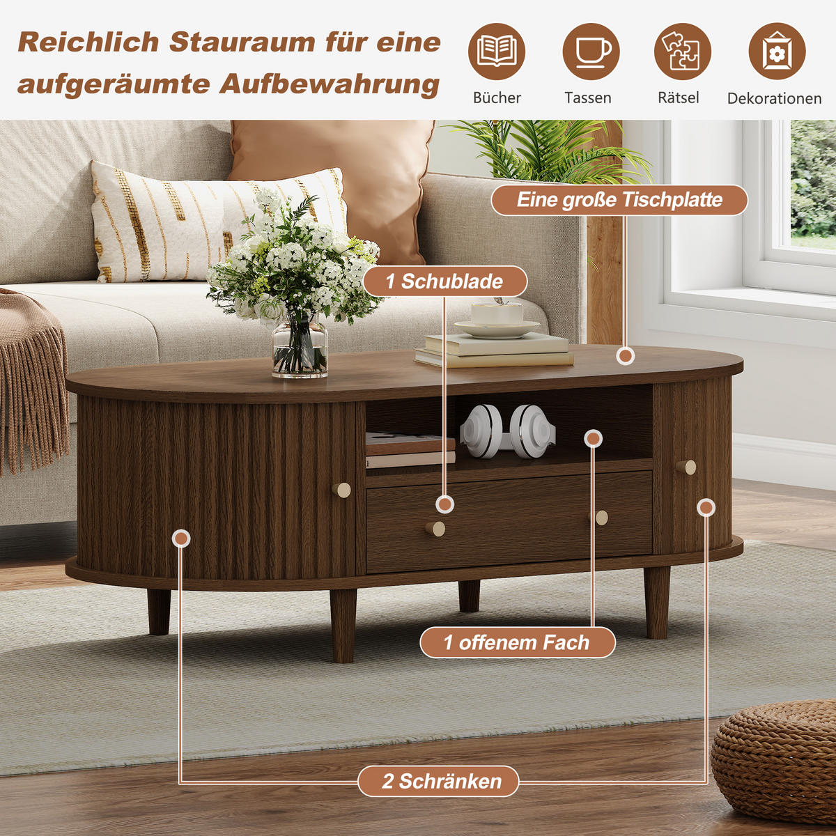 COUCHTISCH Walnuss 1 Schublade Rolltür 4 Beine 100x50x36cm Stauraum - Walnussfarben, Holzwerkstoff (100/50/36cm) - FLIEKS