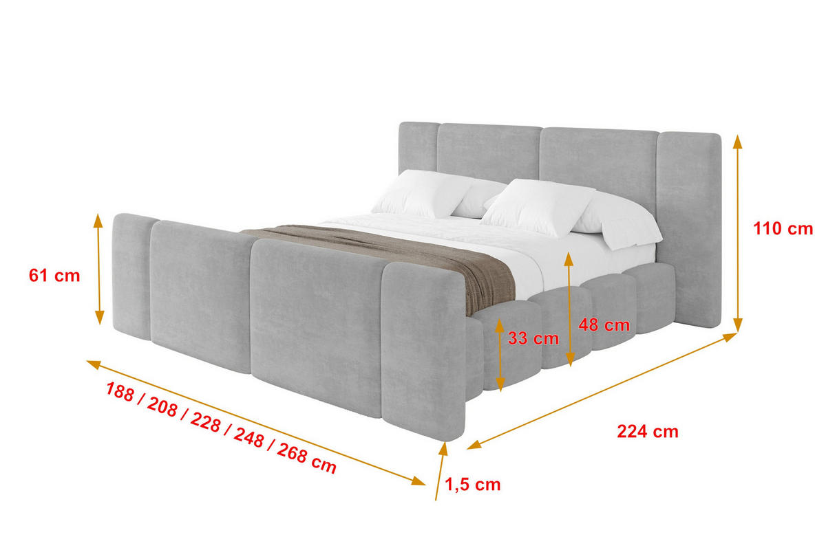 POLSTERBETT mit Bettkasten, Fußteil und Lattenrost, Boxbett ohne Matratze - NILO-Z 180x200 Grau - Hellgrau, Holzwerkstoff/Textil (180/200cm) - ALTDECOR