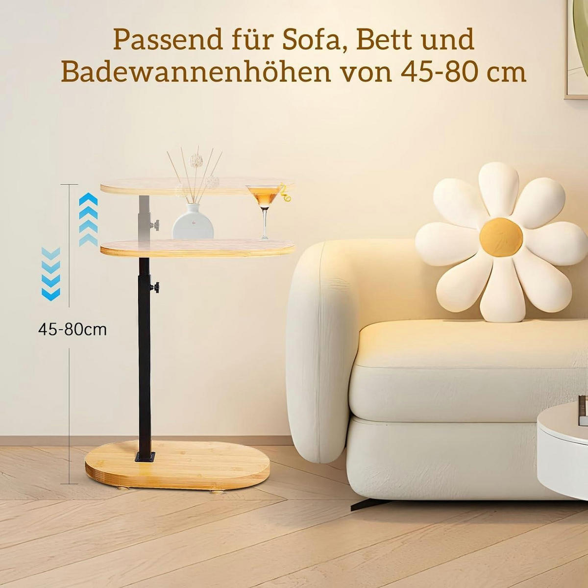 BEISTELLTISCH C Form Höhenverstellbar Bambusholz und Metall - Braun, Naturmaterialien (24/41/9cm)