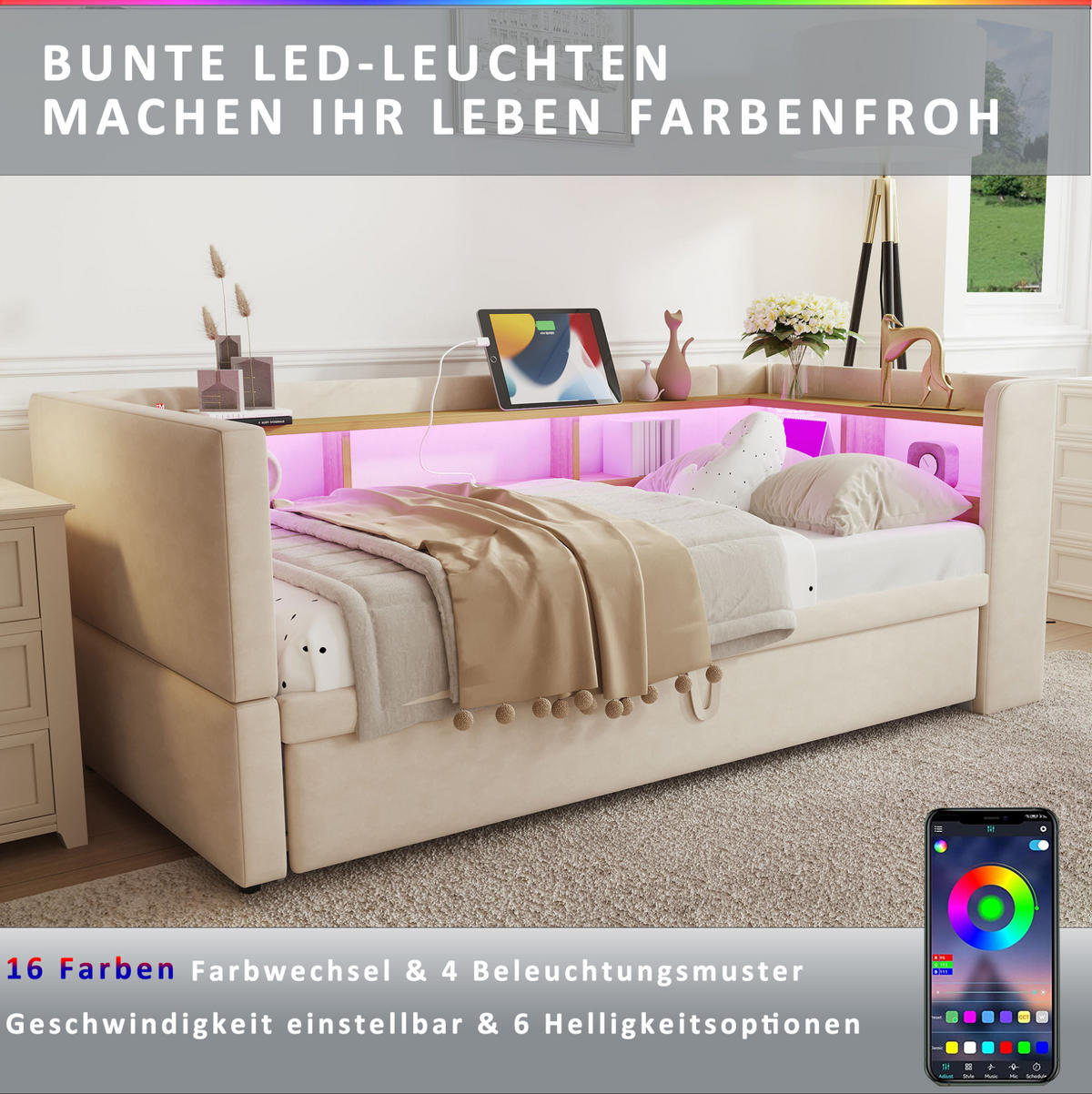 POLSTERBETT 90/180 cm Beige aus Flanell mit LED und Steckdosen - Beige, Textil (90/190cm) - OKMYHOME