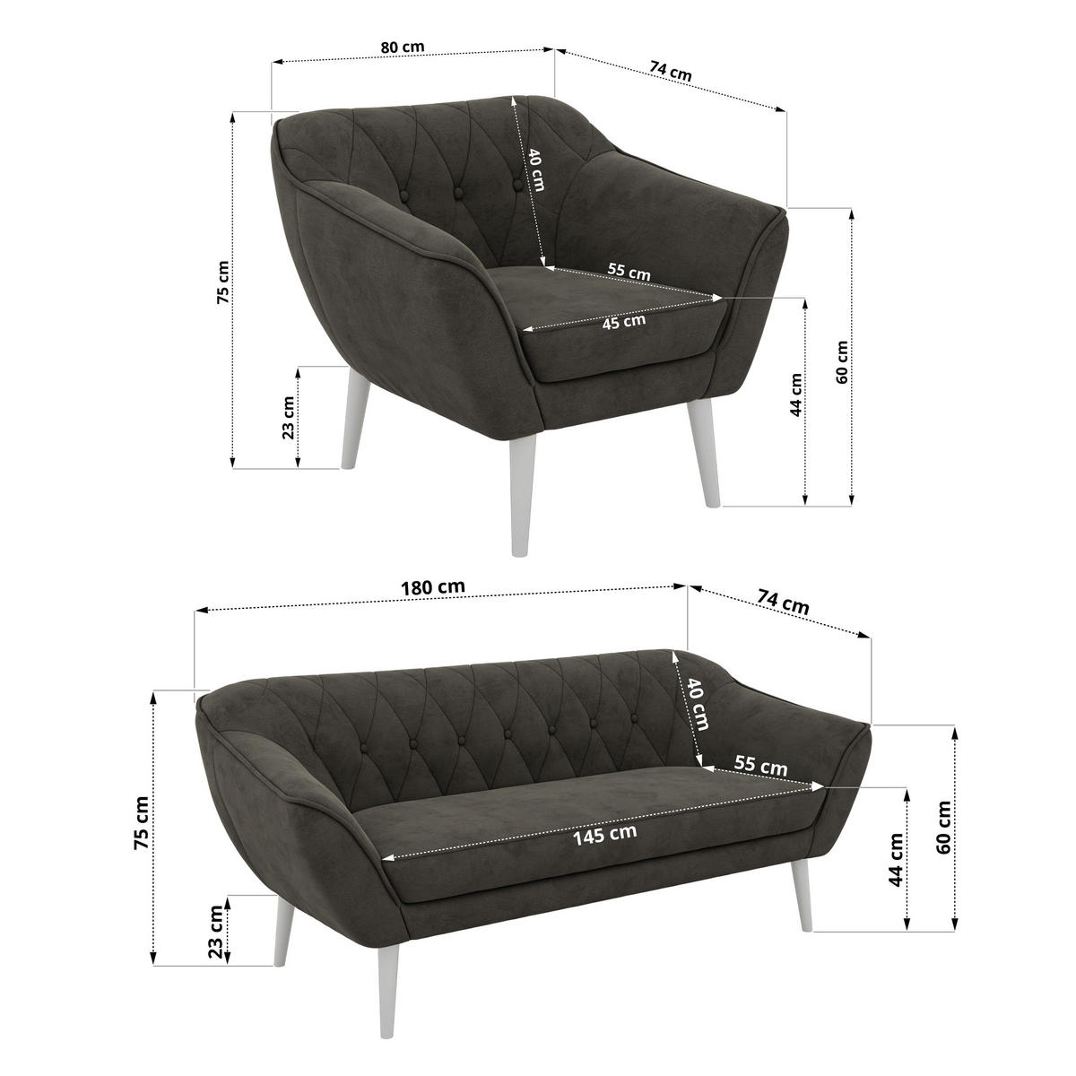 SEDACÍ SOUPRAVA 3+1+1 PIRS - Tmavě šedá Samet - Bílé nohy - bílá/tmavě šedá, kompozitní dřevo/textil (180/75/74cm) - MKS