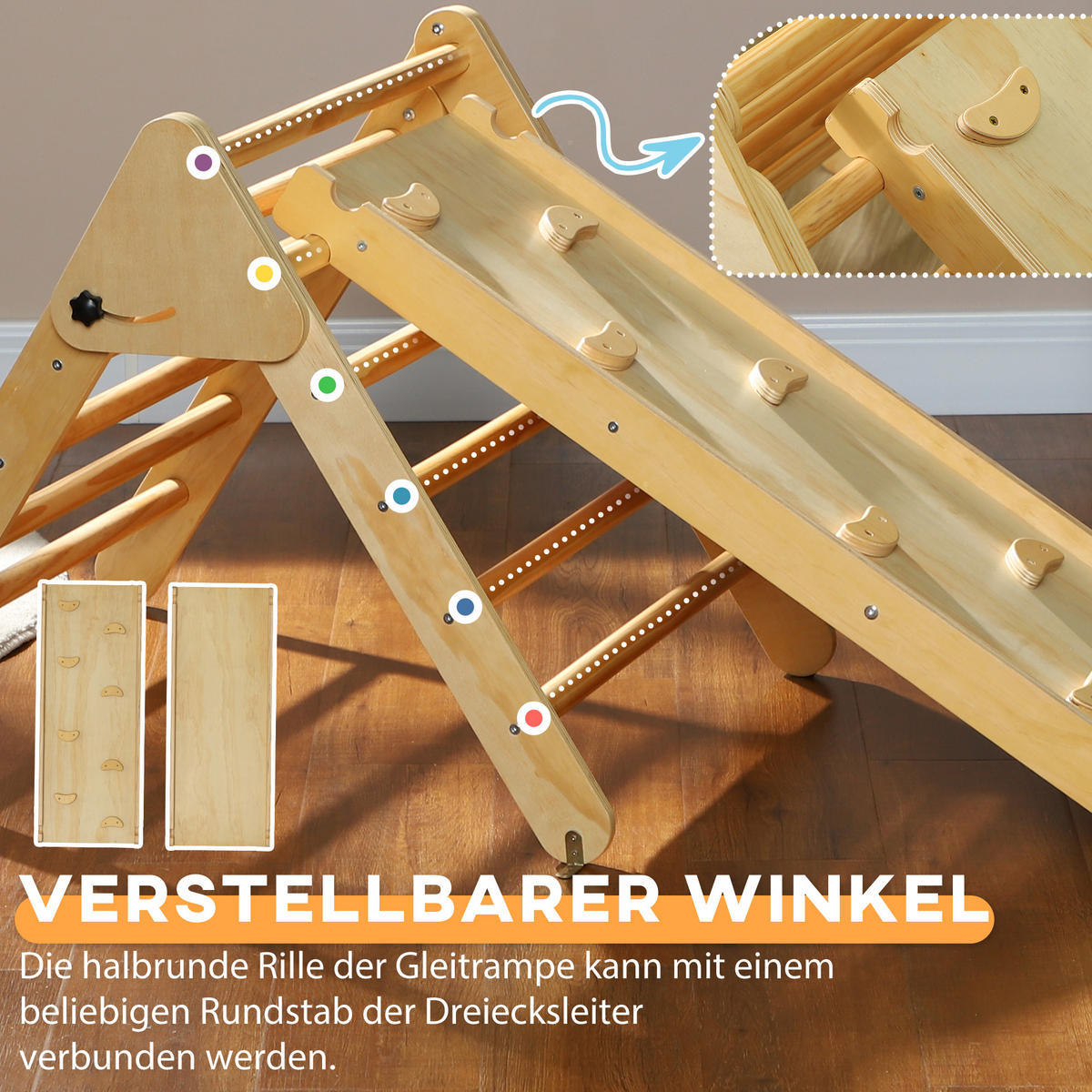 2 in 1 Klettergerüst Set mit Rutsche, Kletterdreieck zum Rutschen und Klettern - Naturfarben, Holzwerkstoff (64.5/59/147cm) - AIYAPLAY