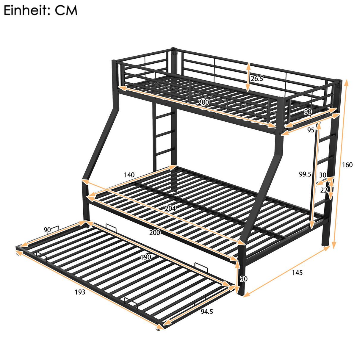 ETAGENBETT 90/140 x 200 cm aus Metall mit Ausziehbett und beidseitigen Leitern - Schwarz, Metall (90/190cm) - BEAOK