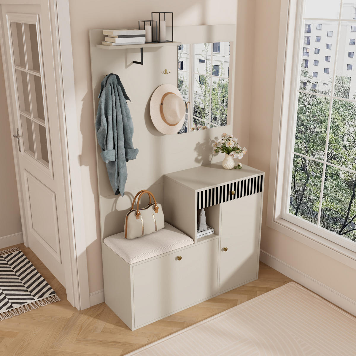 GARDEROBE 110x185x37 cm Spiegel Polster - Beige, Holz (110/185.5/37cm) - LEBENLANG