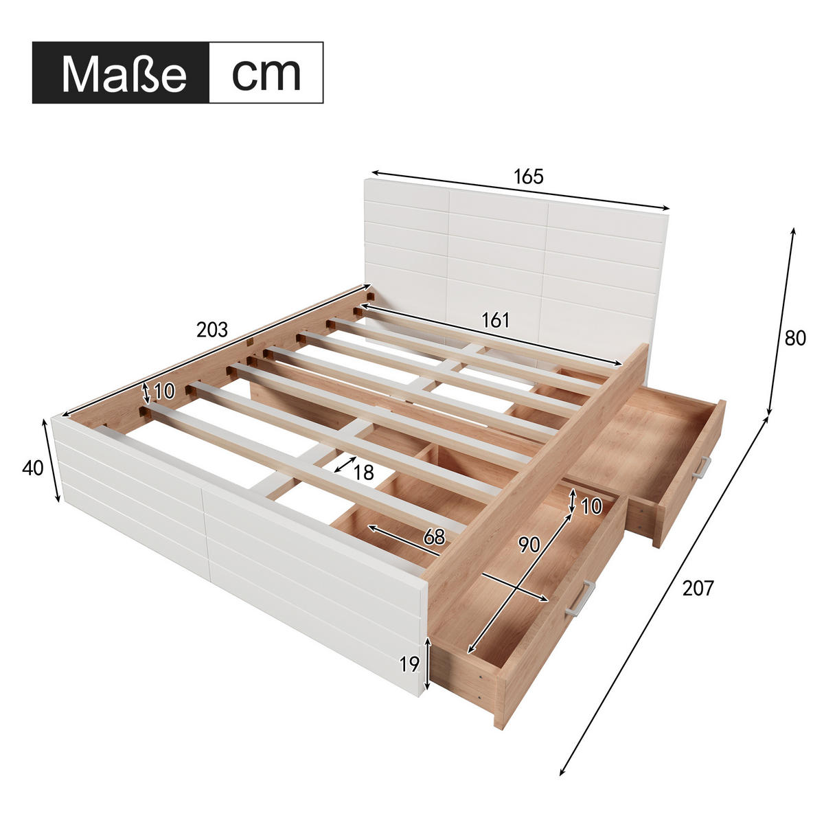 BETT 160/200 cm mit 2 Schubladen, Lattenrost inklusive, Weiß/Eiche - Weiß, Holzwerkstoff (160/200cm) - Redom