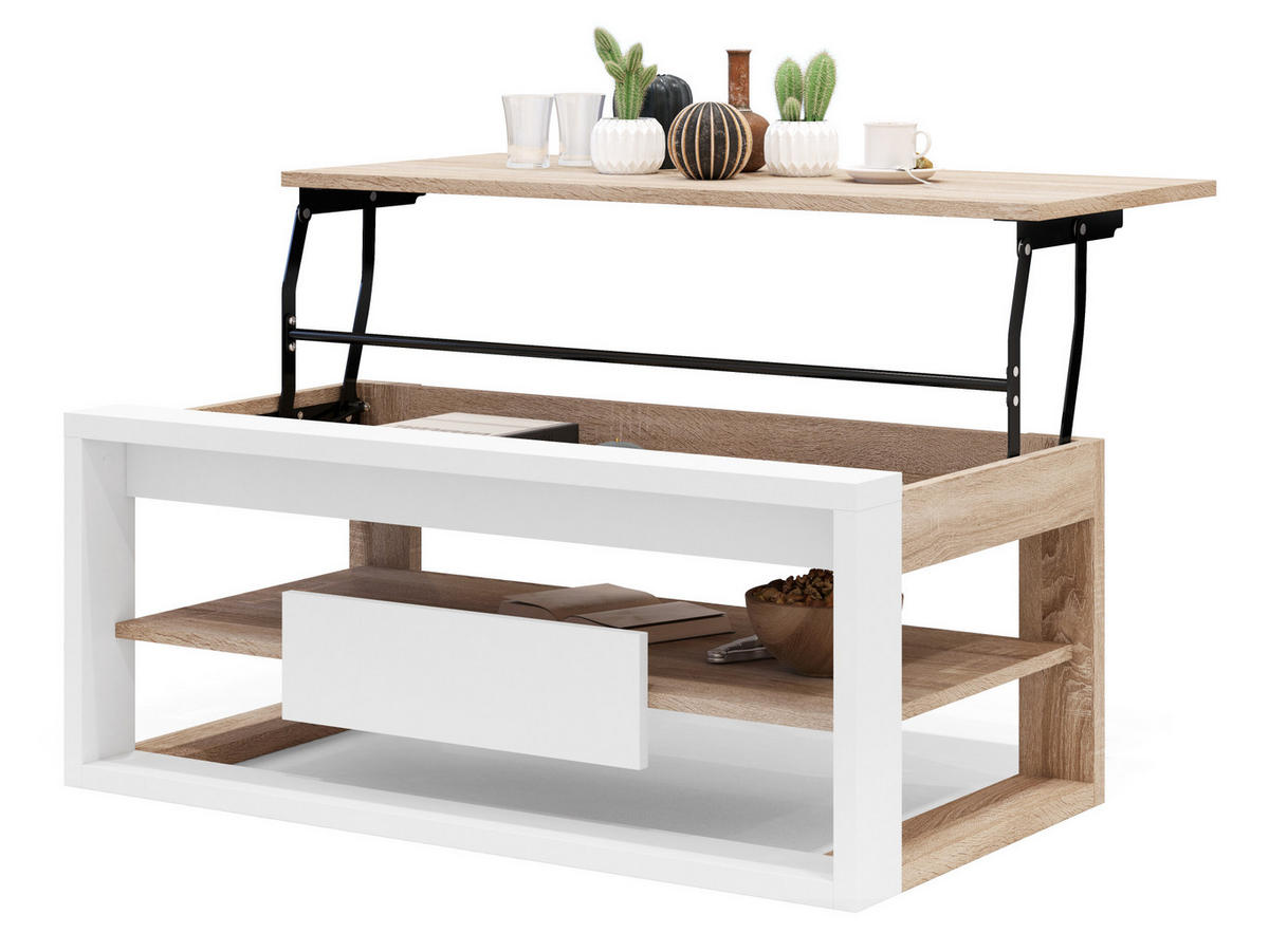 COUCHTISCH rechteckig Sonoma Eiche Weiß aufklappbar - Weiß/Sonoma Eiche, Holzwerkstoff (60/110/45cm) - designimpex