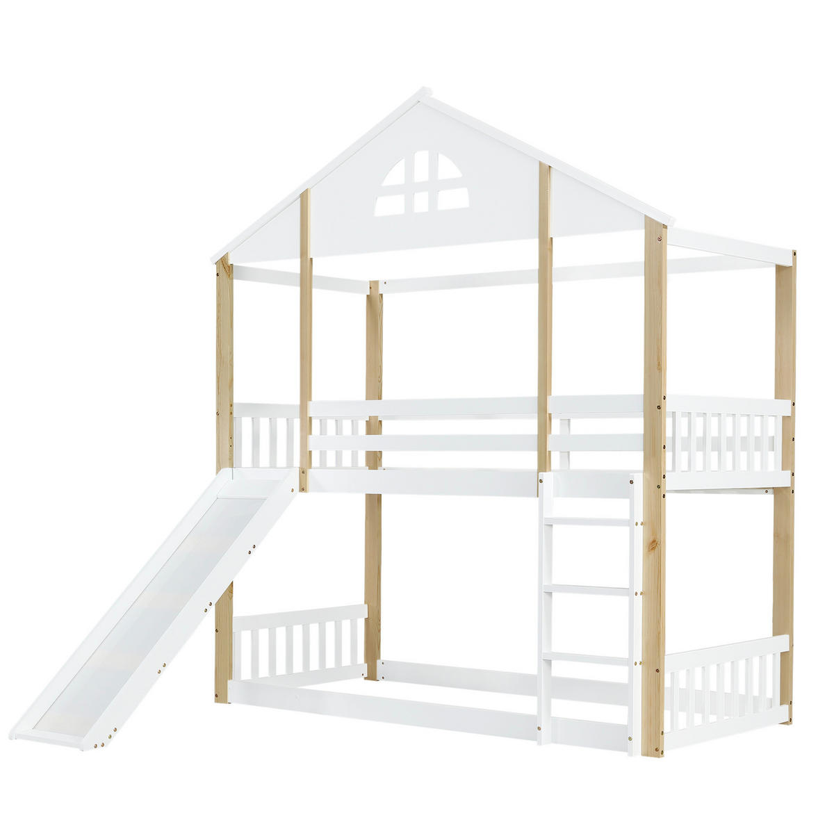 HAUSBETT 90/200 cm mit Rutsche und Hausdesign in Weiß/Natur - Weiß, Holz (90/200cm) - BEAOK