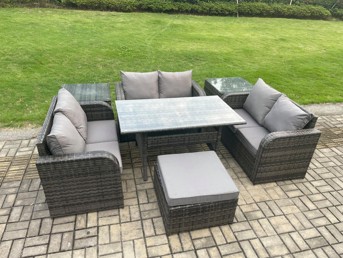 SITZGRUPPE mit Esstisch,Zweisitzer,Beistelltischen,2 Hockern Polyrattan 7-Sitzer - Dunkelgrau/Grau, Glas/Kunststoff - Fimous