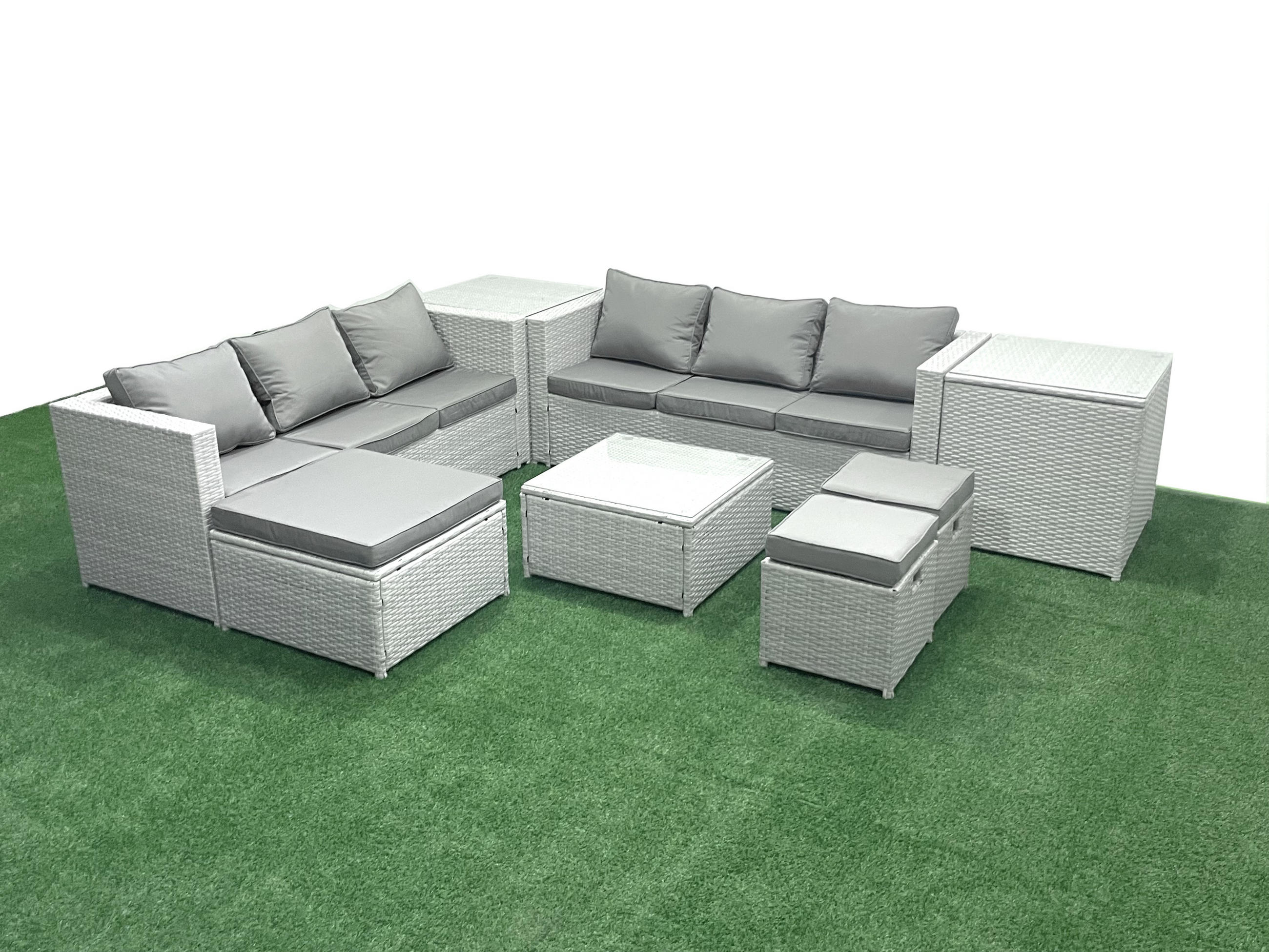 GARTENMÖBEL-SET mit Kissen Polyrattan Hellgrau-Mix 9-Sitzer - Hellgrau/Grau, Glas/Kunststoff - Fimous