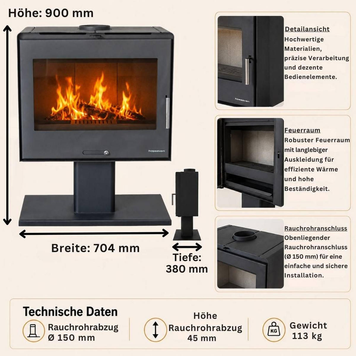KAMINOFEN Holzofen Wohnzimmer Holzkamin 10 kW 5070 Holz Ofen Kamin Heizofen Holz - Schwarz, Metall (70.4/90/38cm) - DanDiBo
