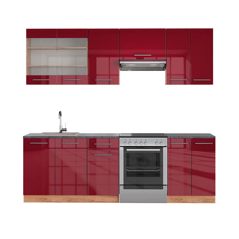 KÜCHENZEILE Fame-Line Bordeaux Hochglanz/Goldkraft Eiche 240 cm AP Anthrazit - Bordeaux/Eiche Wotan, Holzwerkstoff (240/81.6/60cm) - Vicco