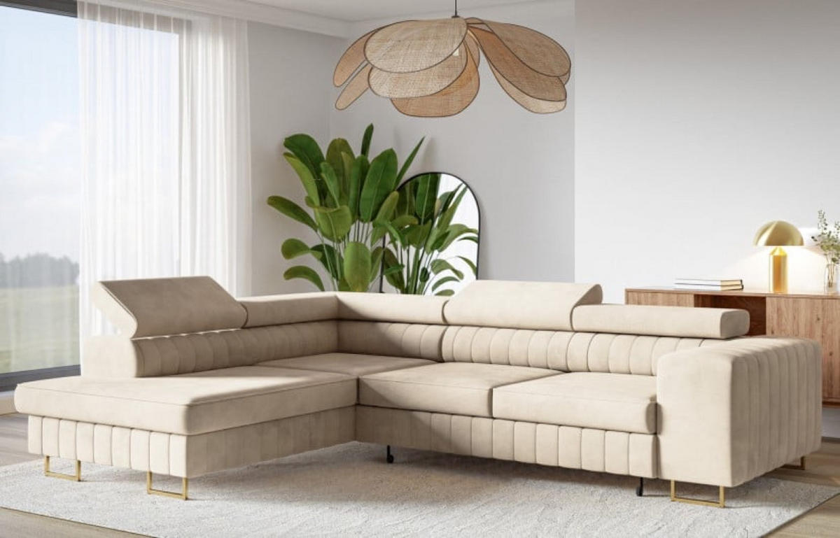 ECKSOFA Beige NOLA Matt Velvet Linke Seite Goldene Beine - Beige, Textil (274/203cm) - Sepro Meble