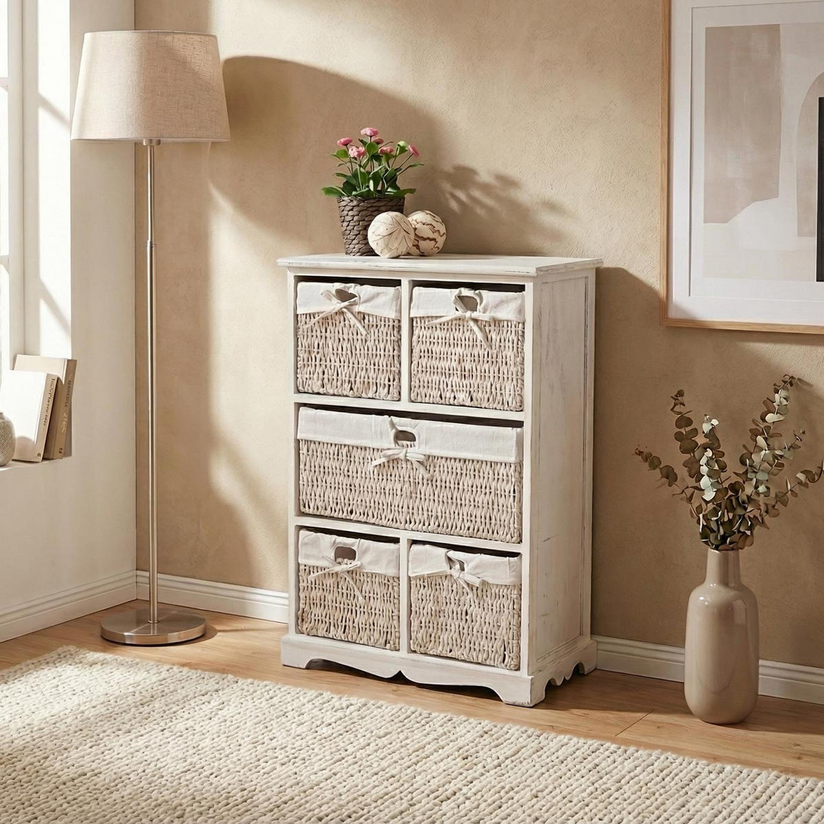 KOMMODE 5 SCHUBLADEN SHABBY-LOOK Cremeweiß - Weiß, Holz (60/90/30cm) - MCW