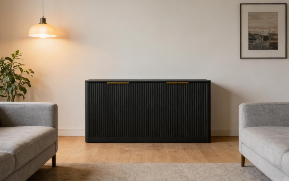 BOČNÍ skříň 150/40/70,5 cm černá z MDF s vlnitým čelním designem a úložným prostorem - černá, kompozitní dřevo (150/70.5/40cm) - OKWISH
