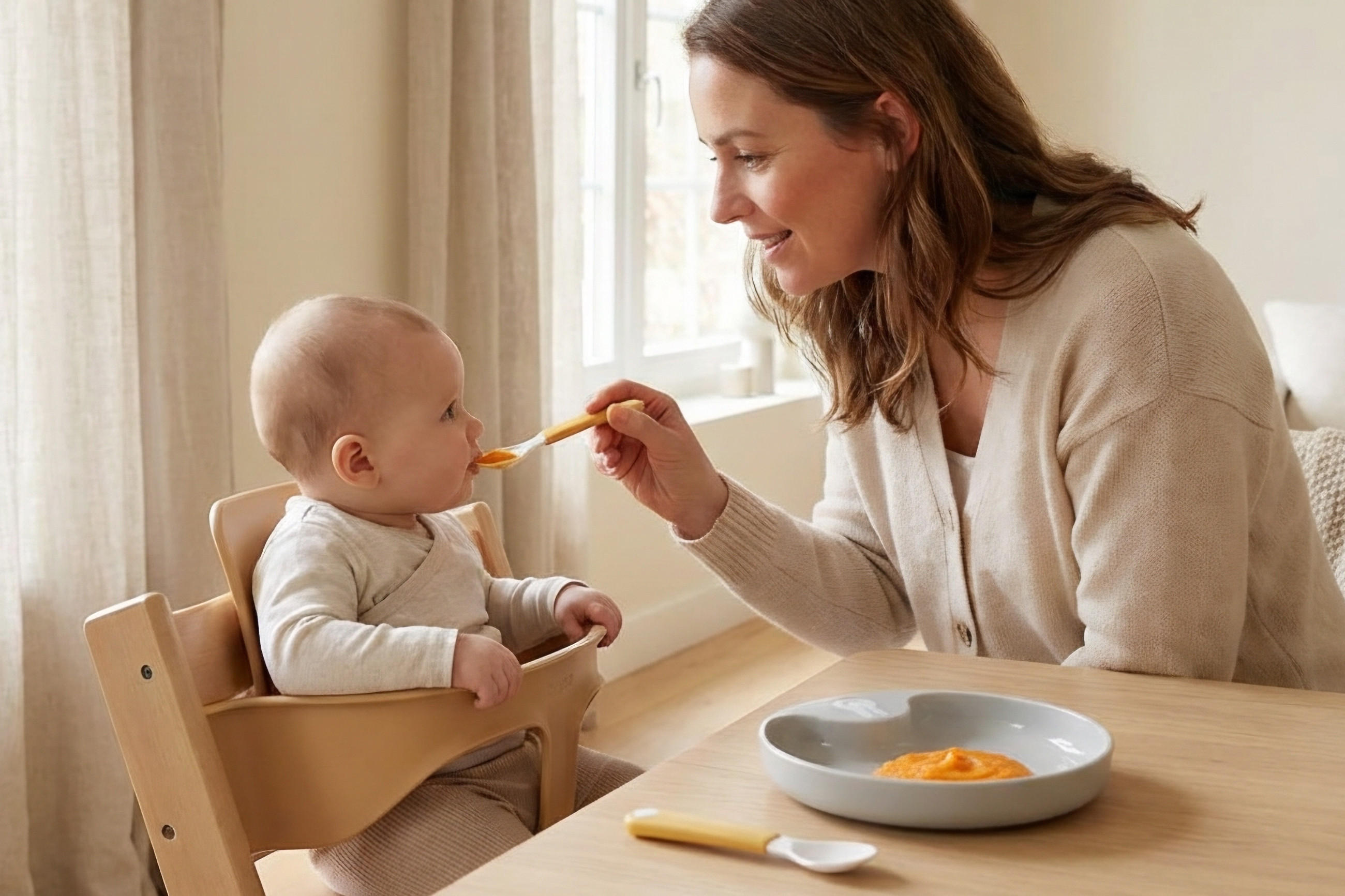 Frau füttert Baby im Hochstuhl mit Löffel vor Fenster in hellem Raum.