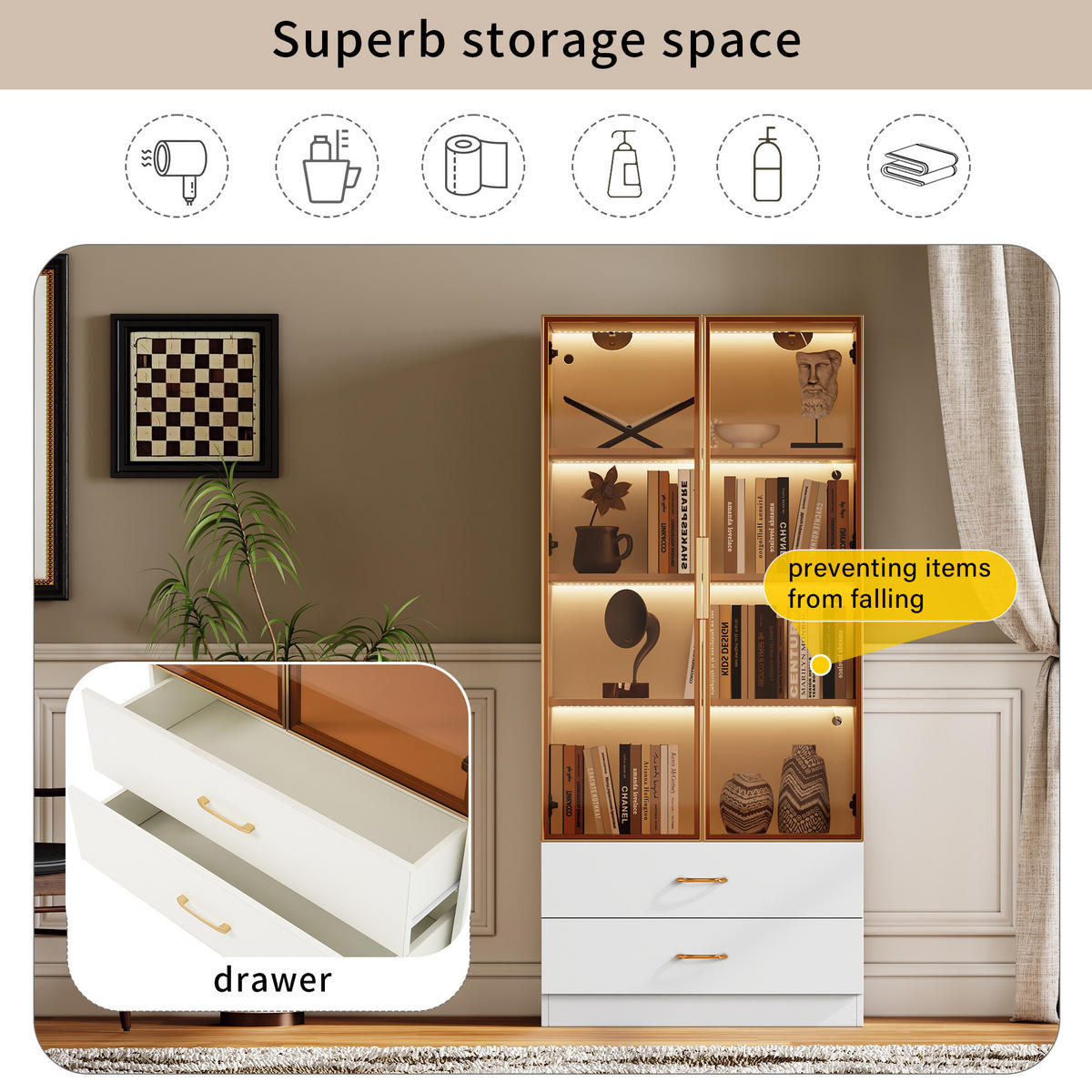 HOCHSCHRANK Weiß mit Lichtleiste 2 Türen und 2 Schubladen 75/34,5/170 cm - Weiß, Holzwerkstoff (75/170/34.5cm) - PANGIVO
