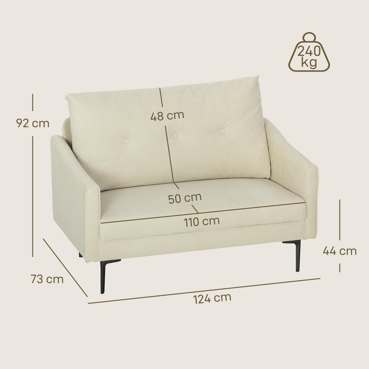 2-SITZER-SOFA DE-06500 Schaumstoff-Polsterung, Stoffbezug, Metallrahmen Cremeweiß - Creme, Textil/Metall (124/92/73cm) - ComfortXL
