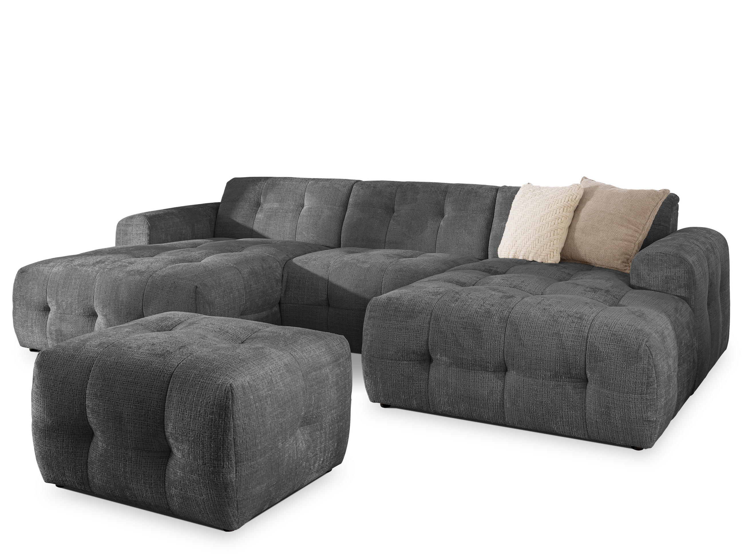 WOHNLANDSCHAFT inkl. Hocker Kozy im Bumpy-Design mit Schlaffunktion und fester Rückenlehne aus weichem Grau Chenille-Stoff - Schwarz/Grau, Holz/Kunststoff (323/79/161cm) - S-Style Möbel