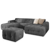 WOHNLANDSCHAFT inkl. Hocker Kozy im Bumpy-Design mit Schlaffunktion und fester Rückenlehne aus weichem Grau Chenille-Stoff - Schwarz/Grau, Holz/Kunststoff (323/79/161cm) - S-Style Möbel