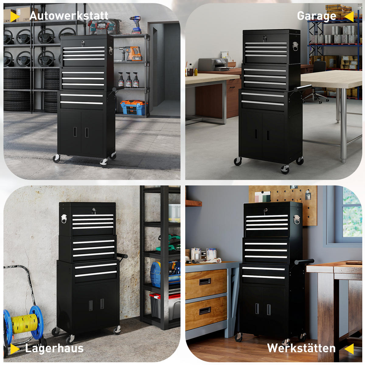 WERKZEUGKISTE 3-IN-1, rollender Werkzeugschrank mit 9 Schubladen, Stahl, Schwarz - Schwarz, Metall (33/133/69.5cm) - HOMCOM