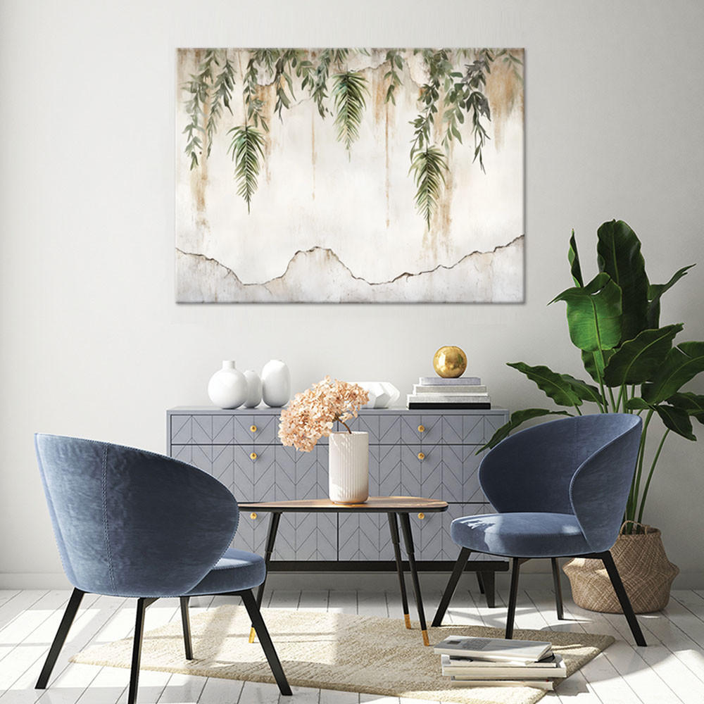 WANDBILD grüne blätter hängen auf einem beigen hintergrund - Beige, Textil (60/40cm) - Feeby