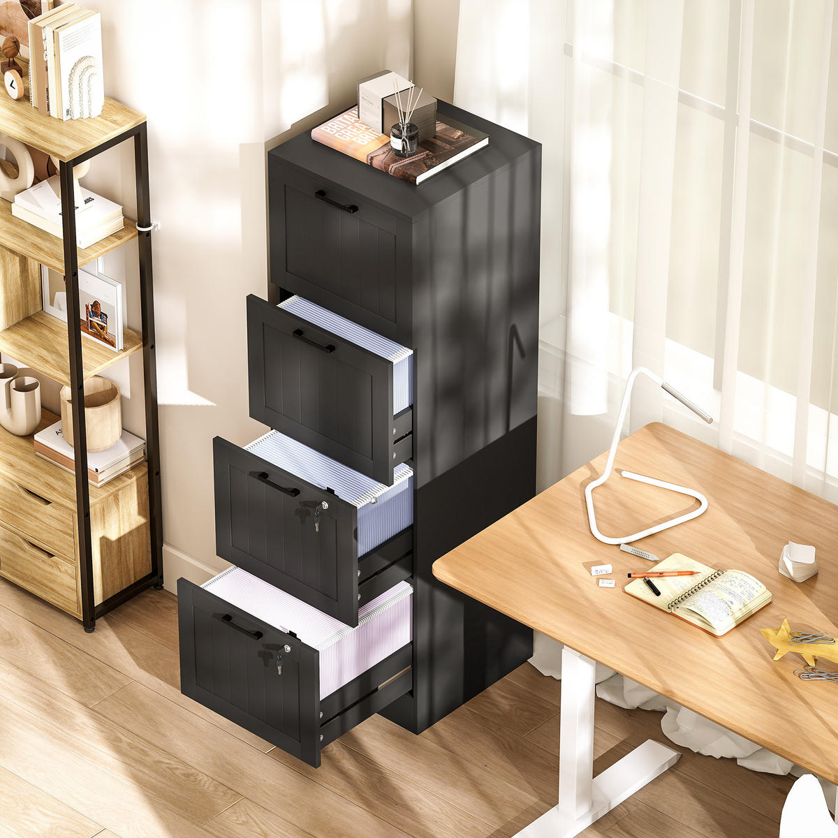 AKTENSCHRANK DE-14515 4 Schubladen abschließbar mit Hängeakten Schwarz - Schwarz, Holzwerkstoff (40/131/40cm) - ComfortXL