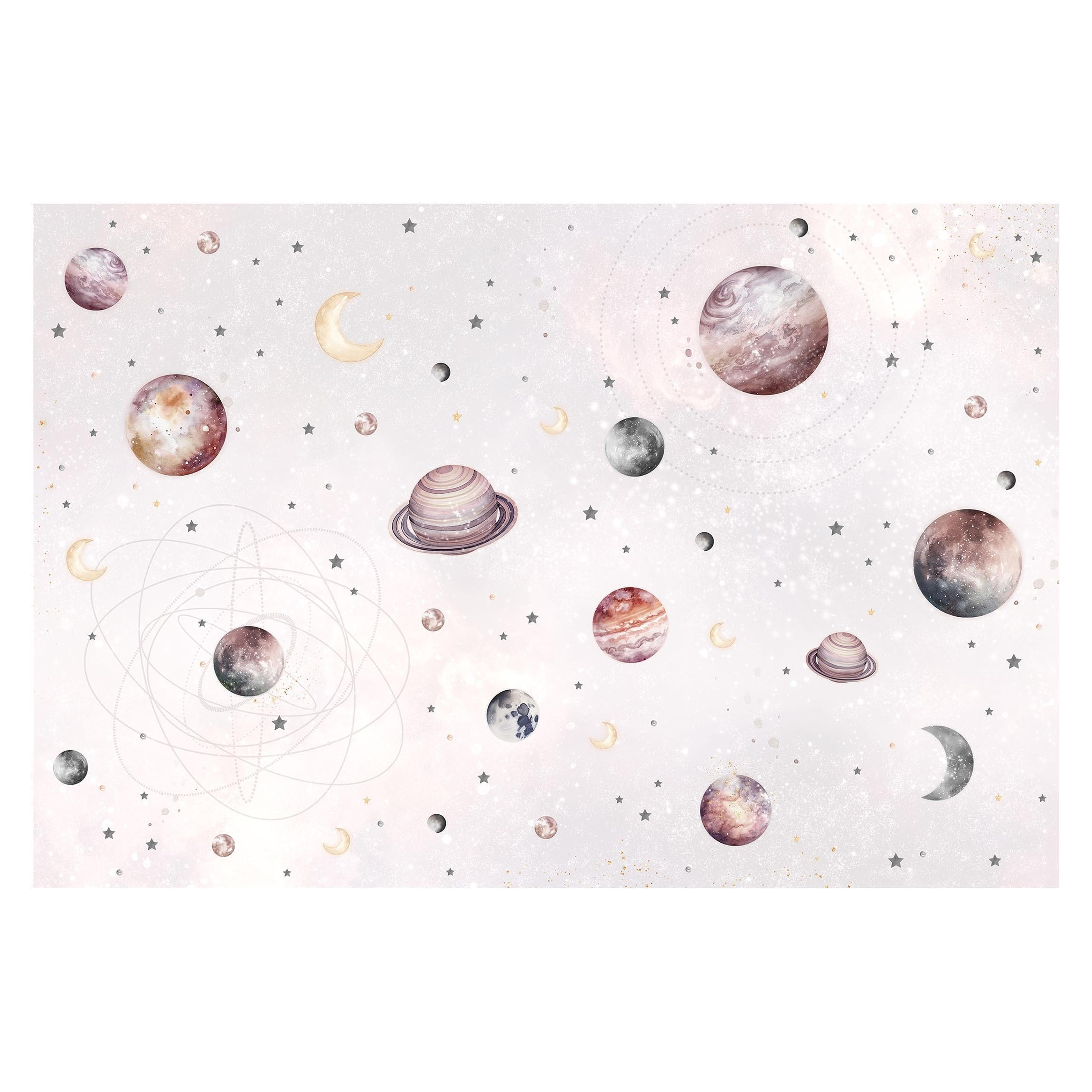FOTOTAPETE Aquarell Planeten, Mond und Sterne 384/255 cm - Pastellblau, Papier (384/255cm) - Bilderwelten
