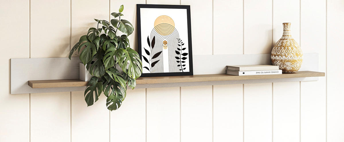 WANDBOARD weiß, Eiche, Wandregal skandinavisch 150 cm, Finnes - Eichefarben/Weiß, Holzwerkstoff/Metall (150/17/17cm) - Furn.Design