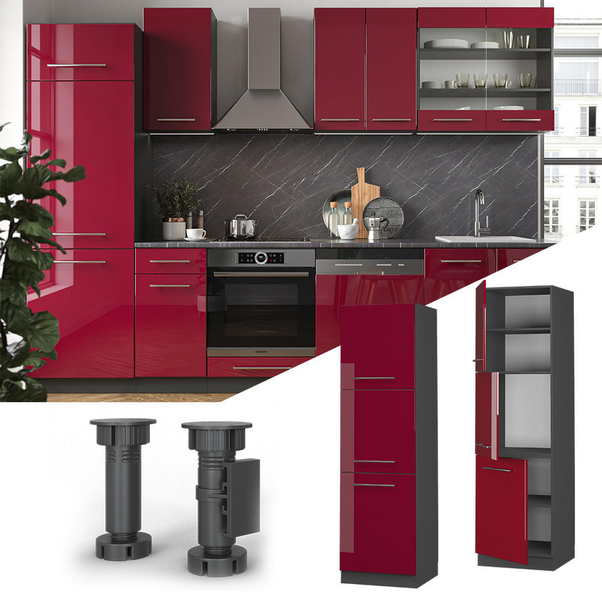 HERDUMBAUSCHRANK Fame-Line Bordeaux Hochglanz 60 cm - Bordeaux/Anthrazit, Holzwerkstoff (60/206.8/58cm) - Vicco