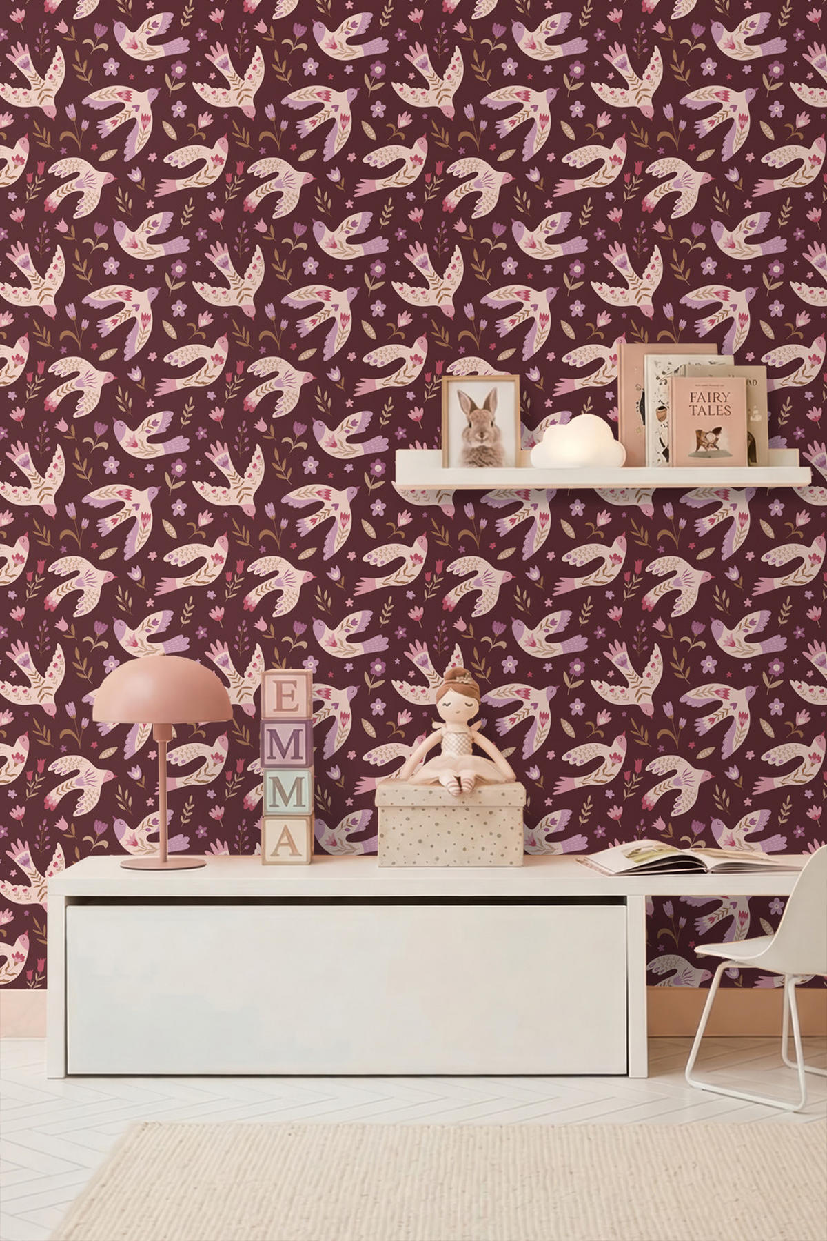 TAPETE Blumen und Vögel 50 x 900 cm - Lila, Papier (50/0.1cm) - ESTAhome