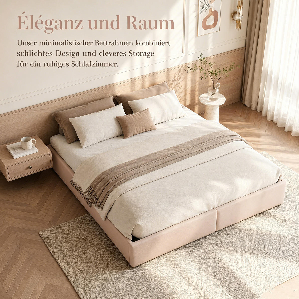 POLSTERBETT 140x200 mit stauraum, bettgestell mit 2 Schublade, Bettkasten, Lattenrost, ohne Kopfteil, Leinenstoff, beige - Beige, Holz/Textil (140/200cm) - GENKI LIVING