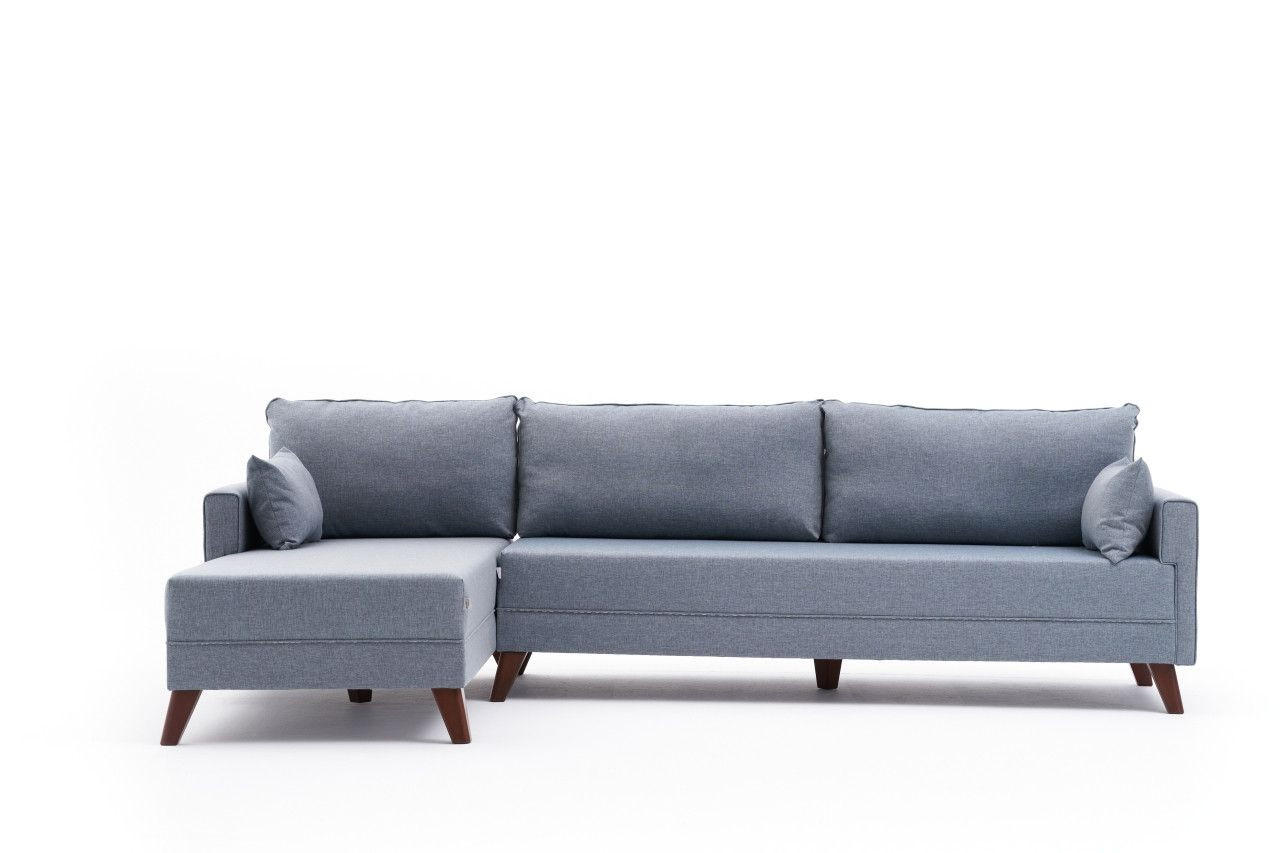 ECKSOFA mit losen Rückenkissen und Schlaffläche - Blau/Walnussfarben, Holz/Kunststoff (275/165cm) - myHomelando