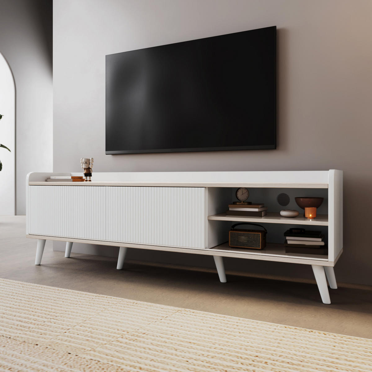 TV-ELEMENT mit 2 Schubladen und Schiebetüren 160 x 40 x 58 cm Weiß/Holzoptik - Weiß, Holzwerkstoff (40/58/160cm) - Beauniv
