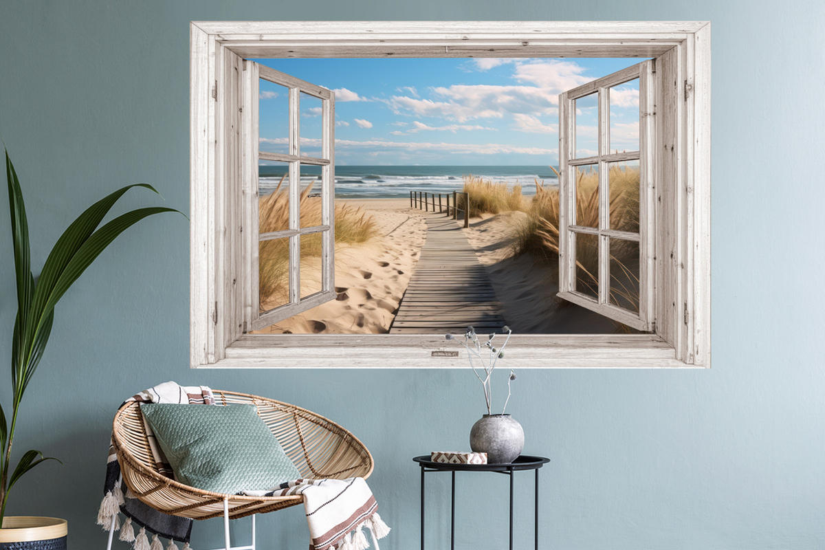 WANDTATTOO Fenster - Meer - Küste - Natur - Ausblick - Strand - Wattenmeer 120x80 cm - Beige, Kunststoff (120/80/0.1cm) - MuchoWow