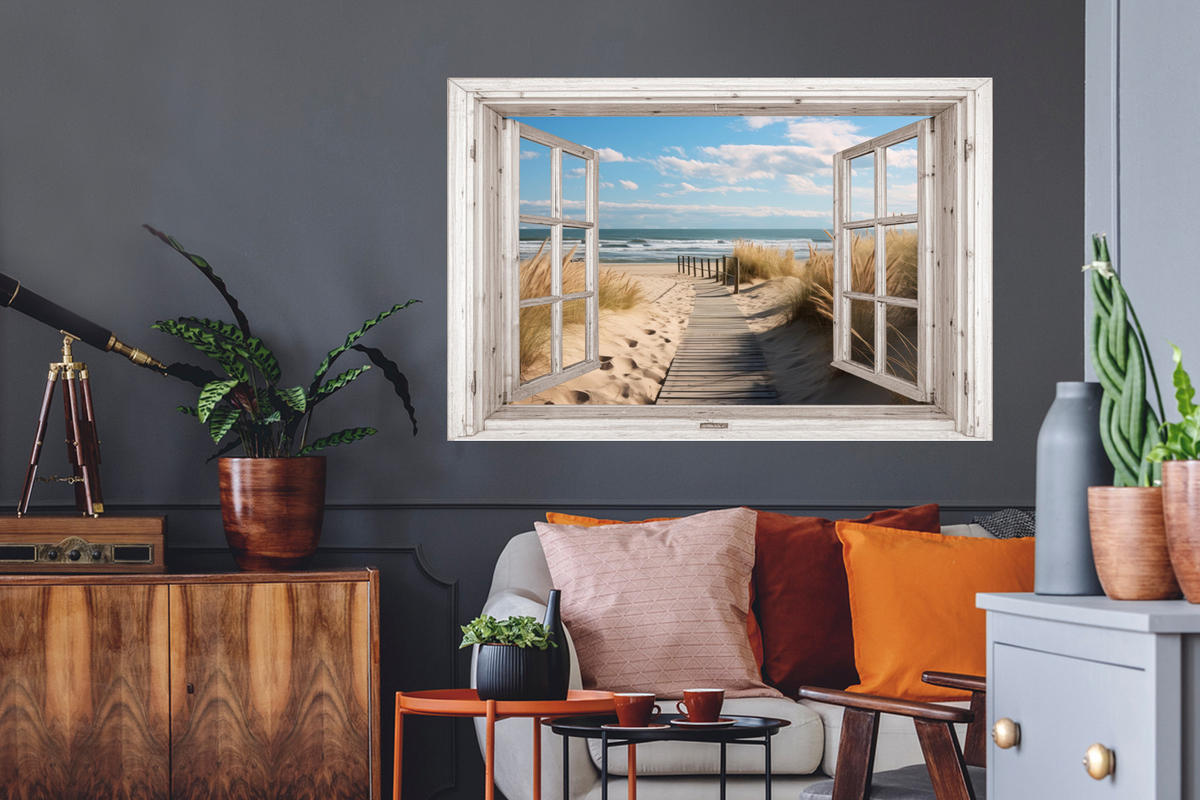 WANDTATTOO Fenster - Meer - Küste - Natur - Ausblick - Strand - Wattenmeer 120x80 cm - Beige, Kunststoff (120/80/0.1cm) - MuchoWow