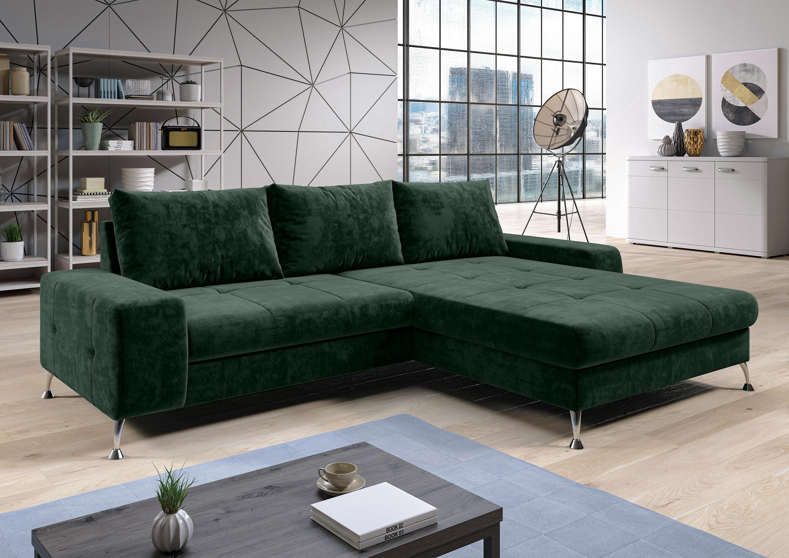 ECKSOFA L Form Artemia Grün Samt 275/210/81 cm – modernes Sofa fürs Wohnzimmer R - Silberfarben/Grün, Textil/Metall (275/210cm) - AX Living