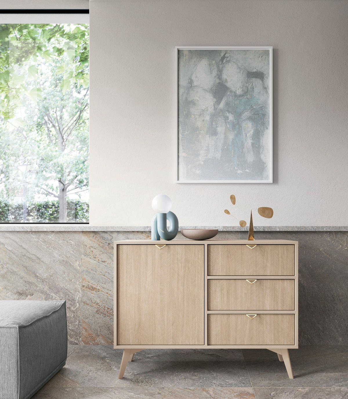 SIDEBOARD TOFINO KOM1-3S Holzbeine Beige Fischgrätenmuster - Eichefarben/Beige, Holz/Holzwerkstoff (106/80/38cm) - Komodee
