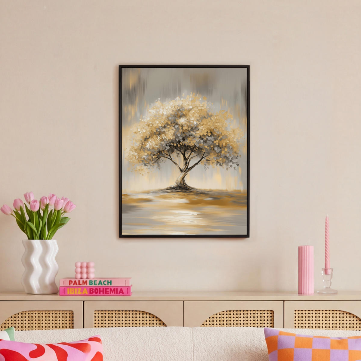 LEINWAND Bilder mit Rahmen - Gemälde - Baum - Abstrakt - Blätter - 60x80 - Beige, Textil (60/80cm) - MuchoWow